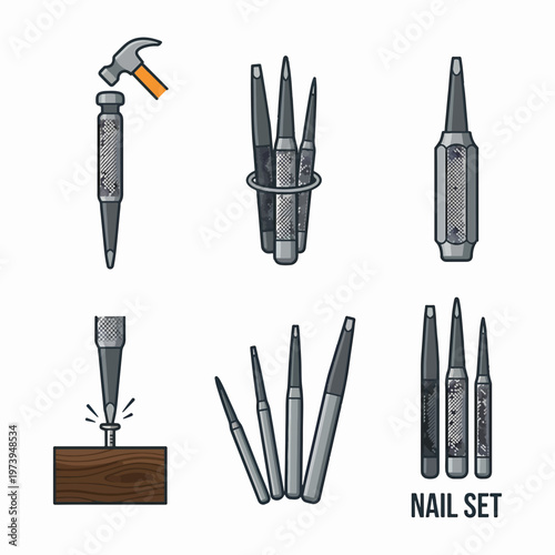An illustration showing various types and sizes of nail sets, including their use with a hammer to drive nails flush into wood.