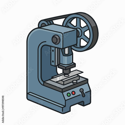 An isometric illustration of a blue industrial punch press machine with a flywheel, belt drive, and material on the bed.