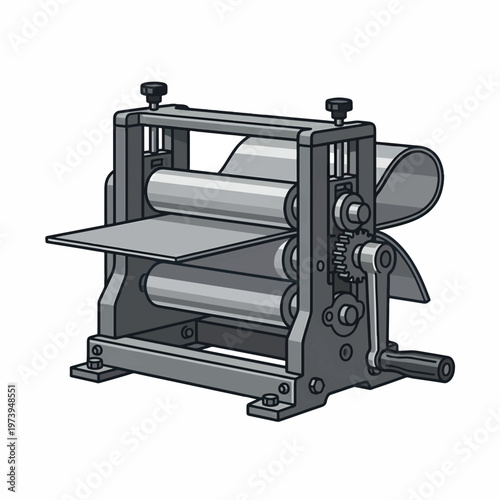 Grayscale vector illustration of a manual rolling machine, possibly a pasta maker or press, with a crank handle, rollers, and material being fed through.