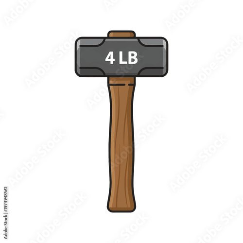 A flat design illustration of a 4 lb sledgehammer with a gray head and brown wooden handle, isolated on a white background.