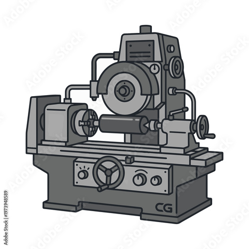 A grayscale line art illustration of a cylindrical grinding machine, featuring a large grinding wheel and a workpiece being processed. Depicts industrial precision machinery.
