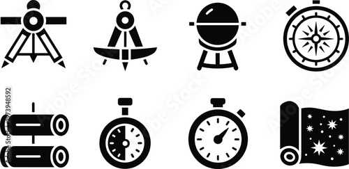 Set of eight black icons related to measurement navigation and astronomy Keywords: drawing compass dividers grill compass rose