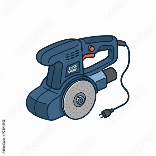 A blue disc sander with a circular sanding pad, a handle, and a power cord. It's a tool used for smoothing surfaces.
