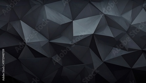 ダークグレーと黒のトーンで構成された、洗練された低ポリゴンの幾何学的な抽象背景素材です。鋭い三角形の面が複雑に重なり合い、高級感と深みのある3Dテクスチャを表現しており、テクノロジーやビジネス向けのモダンなデザインに最適です。