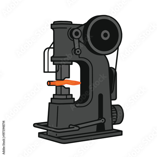 A black industrial forging hammer with a heated orange metal workpiece in position to be struck.