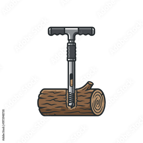 A manual wood auger drill bit is boring a hole into a cut log.