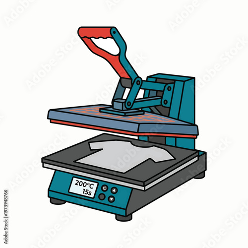 A cartoon heat press machine, used for transferring designs onto garments, is shown with a blank t-shirt on its lower platen, set to 200°C for 15 seconds.