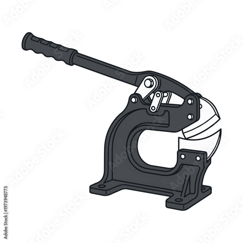 A black metal lever-action shear with a curved blade and a sturdy base for mounting.