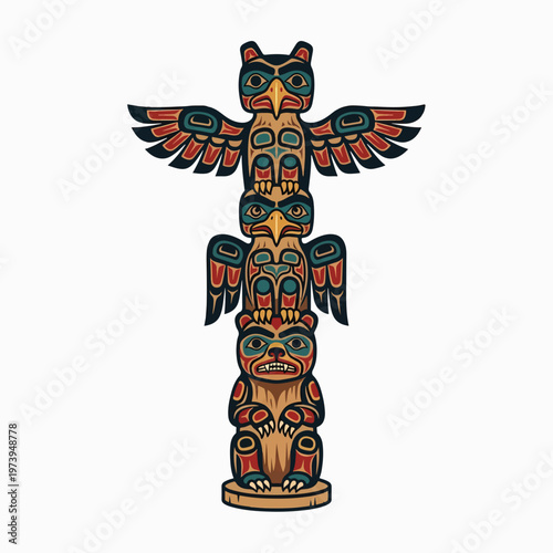 Stylized illustration of a Native American totem pole featuring a bear and two birds stacked vertically in vibrant colors.