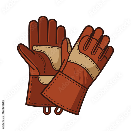 A pair of sturdy, brown leather work gloves with beige accents, shown from a top-down perspective.