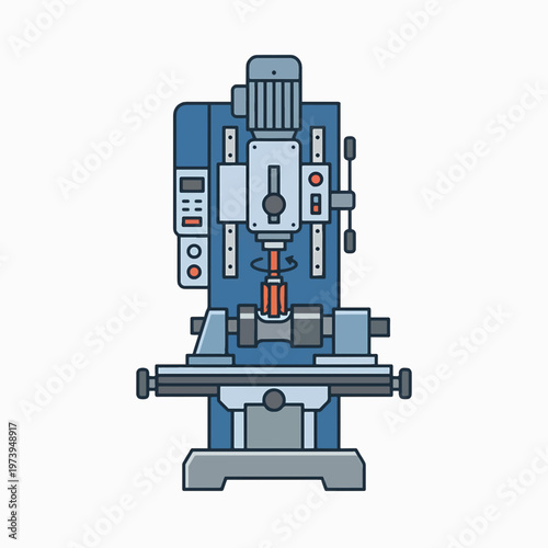 A blue industrial milling machine with a rotating cutter head, worktable, and control panel.