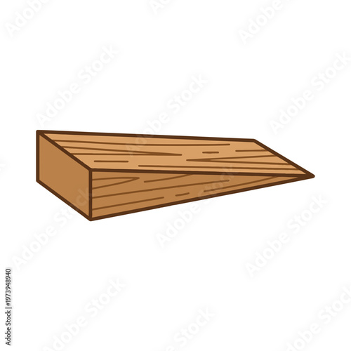 A brown wooden wedge with a grain texture, isolated on a white background. The wedge is thick on the left and tapers to a point on the right.