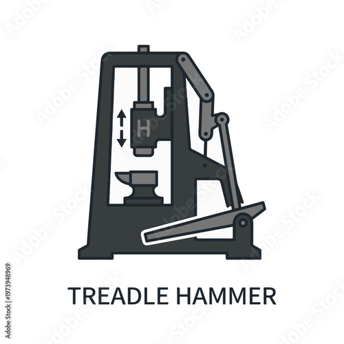 A mechanical treadle hammer with an anvil and hammer mechanism, depicted in a stylized, industrial design.
