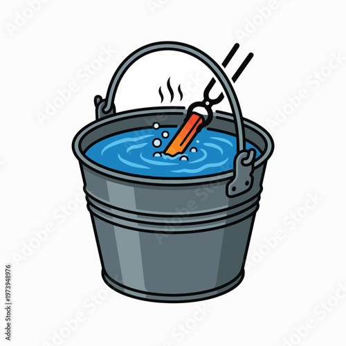 A metal bucket filled with water, with a red-hot metal object being quenched in it, creating steam and bubbles.