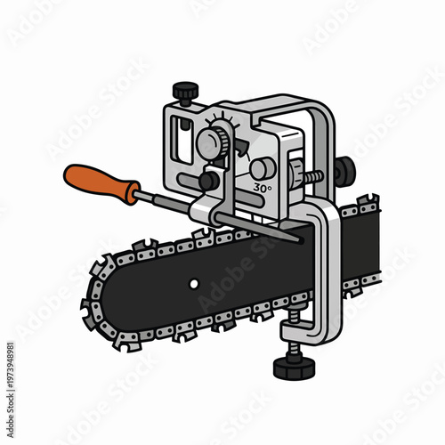 A chainsaw sharpener with a file attached to a guide clamped to the saw chain for precise sharpening.