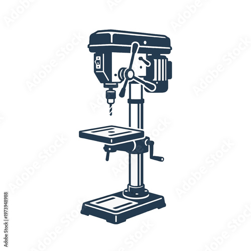 A stylized illustration of a dark blue drill press on a white background, showing its base, column, table, motor, and spindle with a drill bit.
