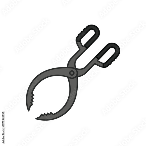 A grey pair of tongs with serrated jaws and black grips, angled slightly to the left on a white background.