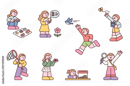 Cute children are engaging in hands-on learning by directly observing nature. Cute character with a round face, featuring a design and geometric shape.