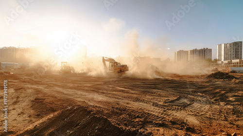 Heavy Machinery Works in Dusty Urban Construction Site Under Bright Sun