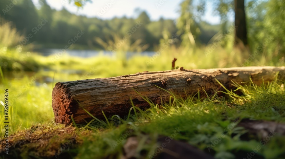 Fototapeta premium Find peace in the intricate details of a sun-drenched forest floor by the water's edge.