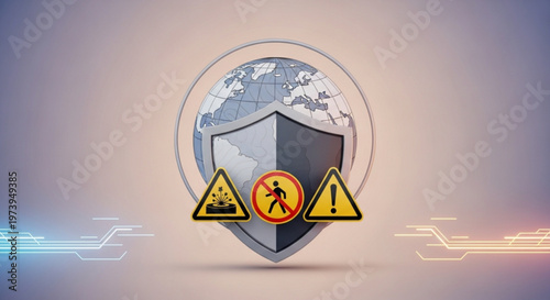 Global cybersecurity concept with shield warning signs and earth globe on a futuristic background symbolizing online protection and safety measures