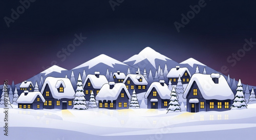 Snowy village at night with illuminated houses and majestic mountains in the background serene winter landscape