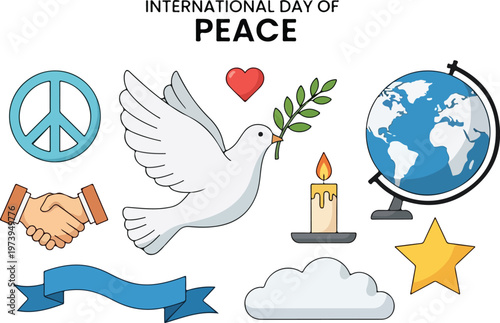 International Day of Peace symbols dove, globe, peace sign, candle, handshake, star, ribbon, cloud