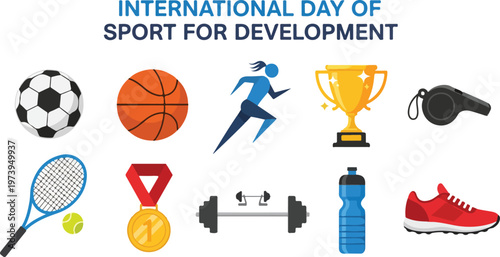 Celebrate International Day of Sport for Development with icons of athletic achievement and fitness