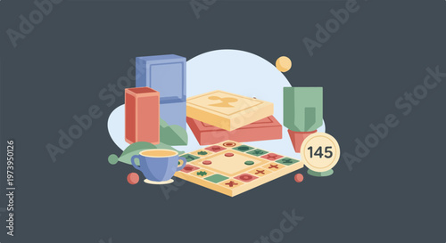 This vector illustration shows a board game, several boxes, a trophy, and a token marked with the number 145 against a dark blue background.