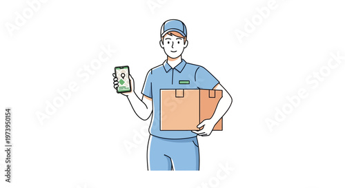 Delivery man holding package and phone.