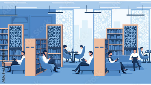 Modern Library Interior with People Reading & Studying - Commercial Use