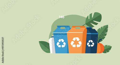 This eco-friendly vector illustration showcases three colorful recycling bins amidst lush green leaves and discarded items on a pale background.