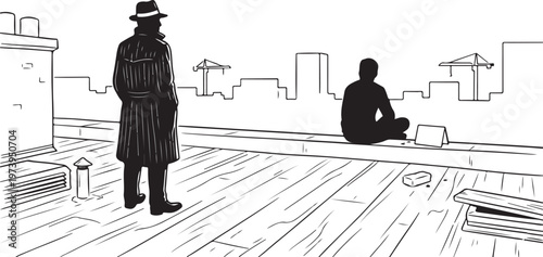 Mysterious Noir Detective in a Trench Coat and Fedora Investigating a Rooftop Crime Scene, Silhouette of a Man Sitting by an Evidence Marker with a City Skyline.