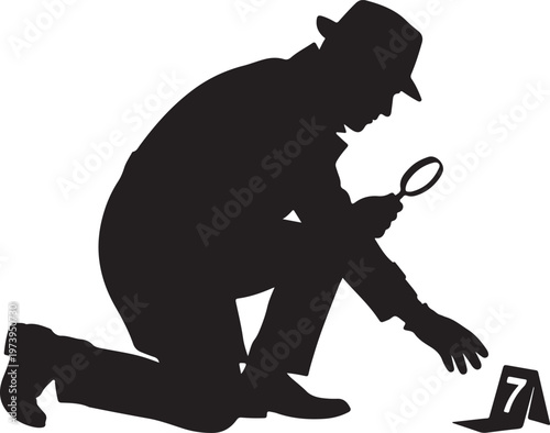 Silhouette of a Detective Investigator with Magnifying Glass Examining Evidence at a Crime Scene, Forensic Sleuth and Inspector Concept