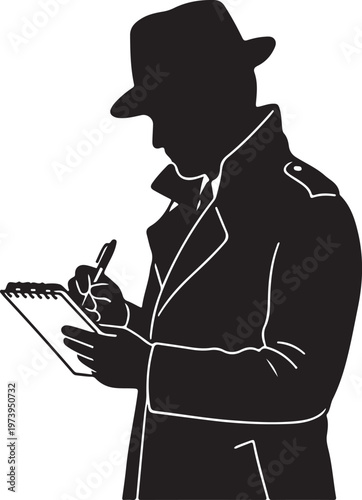 Silhouette of a detective in a fedora and trench coat writing in a notepad, mystery investigator, undercover agent, or journalist taking notes