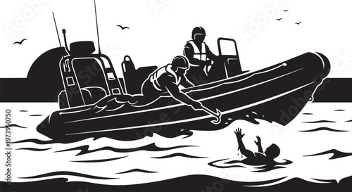 Sea Rescue Operation Illustration showing Lifeboat Rescuers Saving a Drowning Person in the Ocean