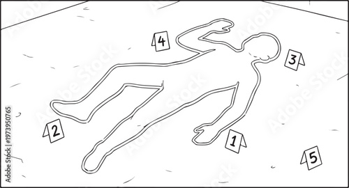  Crime Scene Illustration with Body Chalk Outline and Numbered Evidence Markers for Forensic Investigation and Murder Mystery Concepts