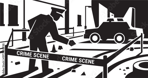 Stylized Graphic Illustration of a Police Officer Investigating a Crime Scene with Evidence Markers and Patrol Car in a Noir City Setting.