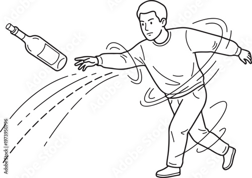 Aggressive man throwing glass bottle, minimalist line art illustration of person discarding alcohol or tossing container in protest or anger
