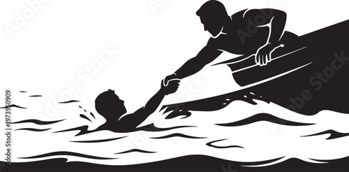 Silhouette Illustration of a Rescue at Sea with a Person in a Boat Reaching Out to Save a Drowning Man. Conceptual Image of Help, Support, and Emergency Aid in the Water.