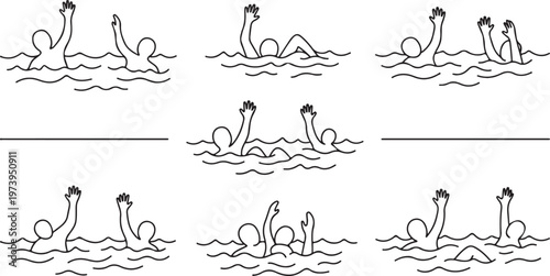 Set of line art icons depicting drowning people with raised hands for help in water, emergency and rescue concept