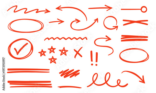 Line Pen Red Highlight Arrow Set. Line Pen Hand‑Drawn Marker Stroke Red Underline, Check Mark, Emphasis. Arrow, Star, Round Frame Marker Scribble Stroke Icon Elements. Vector Illustration