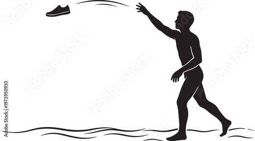 Silhouette of a Man Throwing a Shoe, Footwear Toss or Sneaker Throw Competition Illustration