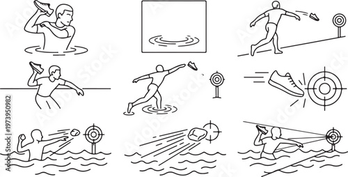 Line Art Illustration Set of Man Throwing Shoes and Stones at a Target, Sport and Accuracy Concept Icons.