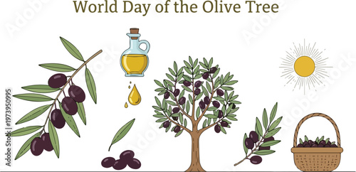 Celebrating World Olive Tree Day with Illustrations of Olives, Olive Oil, and Basket