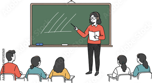 Female teacher explaining lesson on chalkboard, classroom education scene with students listening, learning concept, flat style vector illustration