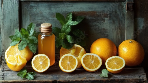 Fresh citrus and mint oil on rustic wood, still life