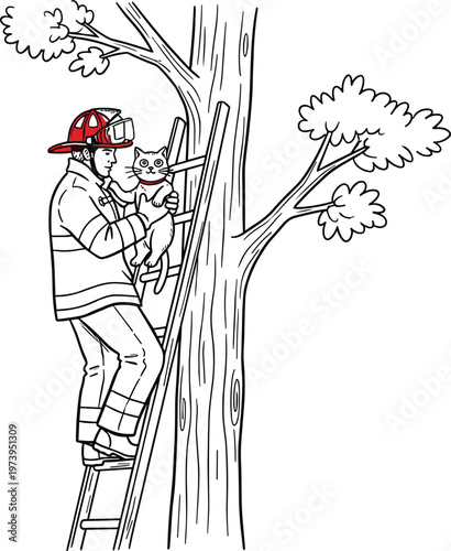 Firefighter rescuing a cat from a tall tree using ladder, black and white line art illustration, animal rescue drawing