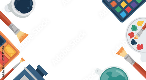 A vibrant vector image showcasing various art supplies like brushes and colorful paint sets surrounding a blank white background.