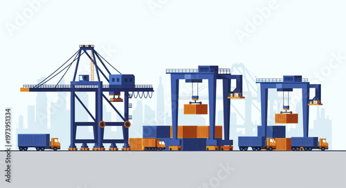 Industrial Port with Cranes and Cargo Containers.